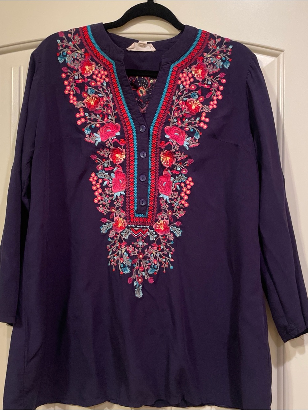 Embroidered V-Neck Tunic Top - Navy with Pink, Red & Turquoise Floral Embroidery